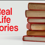 A set of 6 old books on a white surface. The words – Real Life Stories – are visible