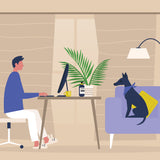 Artwork of a home office including a table and chair in front of a window. To the left of the table is a man working on a laptop. To the right of the table is a large purple chair with a dog sitting on it