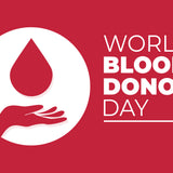 An illustration of a hand with a large drop of blood above it, along with the words – World Blood Donor Day
