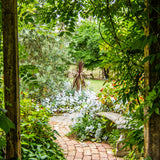 A garden viewed though two wooden struts. A cobbled path winds its way through a garden. Lots of bushes and flowering plans can be seen