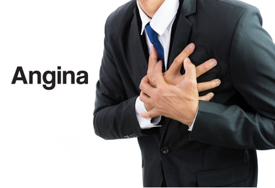 A man in a dark suit is clutching where his heart is with both of his hands – it looks as though the man is suffering from severe pains in his chest. The word – Angina – can be seen