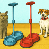 An illustration of a cat & a dog sitting by a no need to bend long handled pet feeding bowl