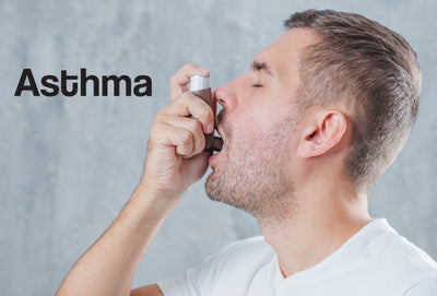 A man, sideways on, with his eyes shut, is taking a shot from his ventolin inhaler. The word – Asthma – is visible
