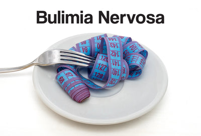 A white plate on a white background. On the plate is a rolled up tape measure; a fork is coming out from the tape measure. The words – Bulimia Nervosa – can be seen