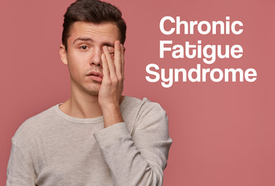 Shows a man in a pale t-shirt with his left hand covering half of his face; he looks very tired. The words – Chronic Fatigue Syndrome – can be seen