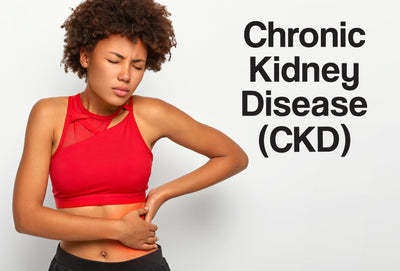 A woman wearing a crop top and black leggings, holds her hands over the place in her body where the kidneys are – she looks in pain. The words – Chronic Kidney Disease (CKD) – can be seen