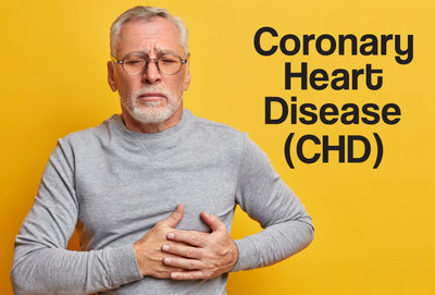 A middle aged man in a grey jumper has both of his hands placed where his heart would be – he looks in pain. The words – Coronary Heart Disease (CHD) – can be seen