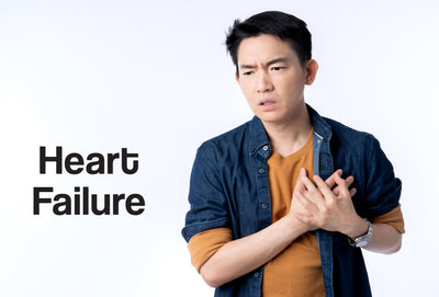 A man clutches at his chest where his heart is – he looks in pain. The words – Heart Failure – can be seen