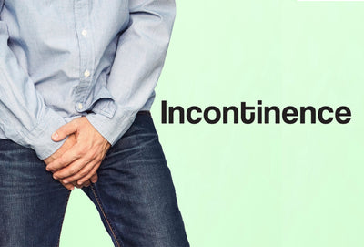 A man in jeans and a blue shirt has both of his hands in front of his crutch, although desperate to go to the toilet. The word – Incontinence – can be seen