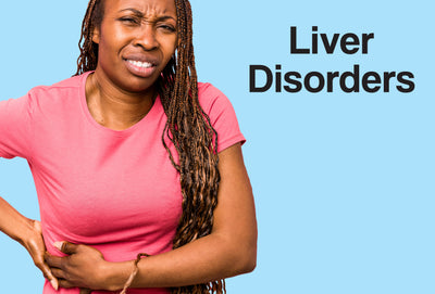 A woman in a pink t-shirt clutches her side, where her livers are; she looks in pain. The words – Liver Disorders – can be seen