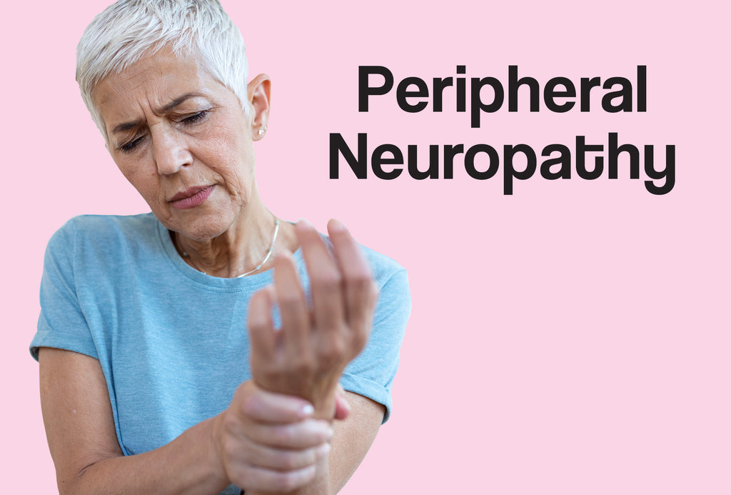 A middle age woman has her left wrist being clasped by her right hand; the woman looks concerned and worried. The words – Peripheral Neuropathy – can be seen