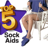 A large purple star with a gold-ish – Top 5 – on top of it. Below the star are the words – Sock Aids. To the right of the star is the bottom half of a man. He is sitting in a chair and pulling up a sock via a sock aid