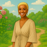 An illustration of Trisha Goddard standing in front of a garden scene
