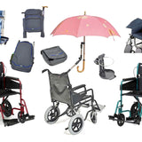 Three different wheelchairs, as well as some wheelchair bags, drink holders and a umbrella that are all for sale on the Ability Superstore website