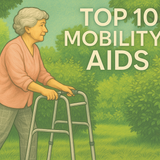 A woman holding a walking frame in a countryside setting