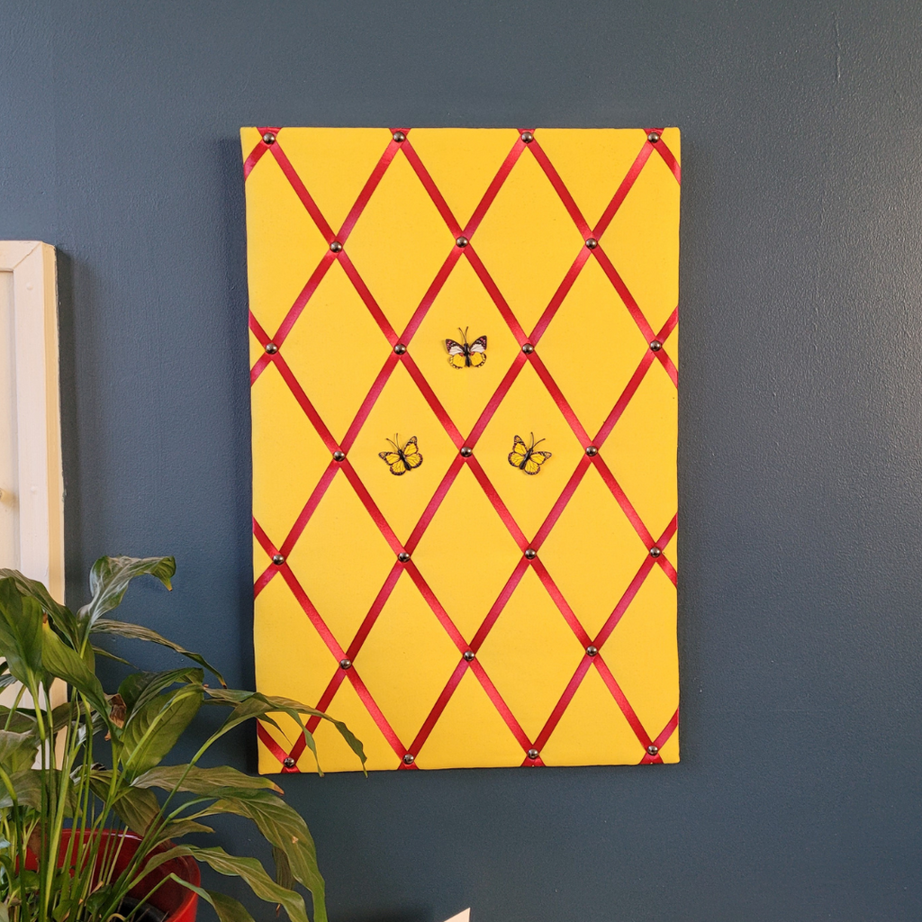 Fabric Notice Board - Yellow with Red Ribbons