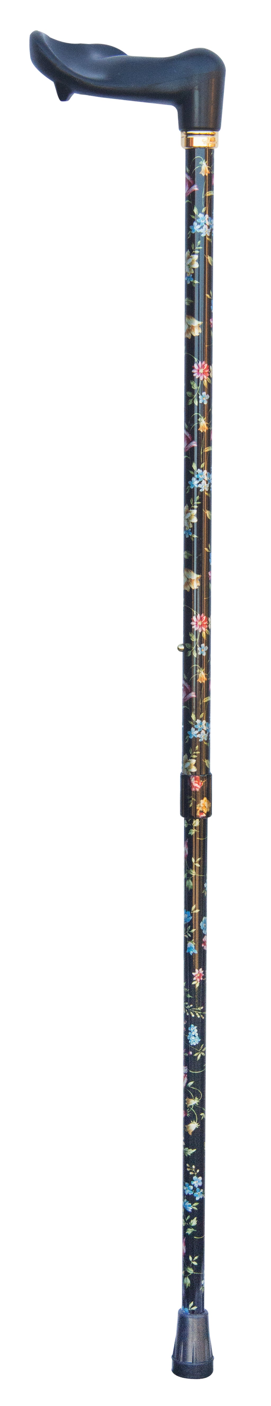 the image is a full length photo of the adjustable orthopaedic cane with a black floral pattern