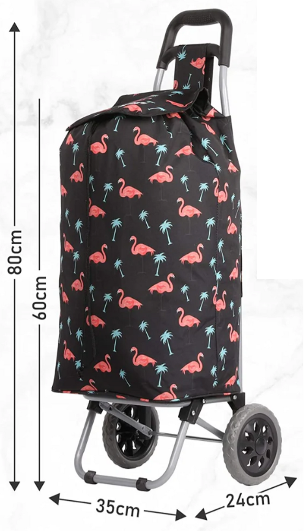 the image shows the hoppa 47 flamingo shopping trolley with measurements; length 80 cm, lengh (not inc handle) 60 cm, width 35cm, depth 24cm