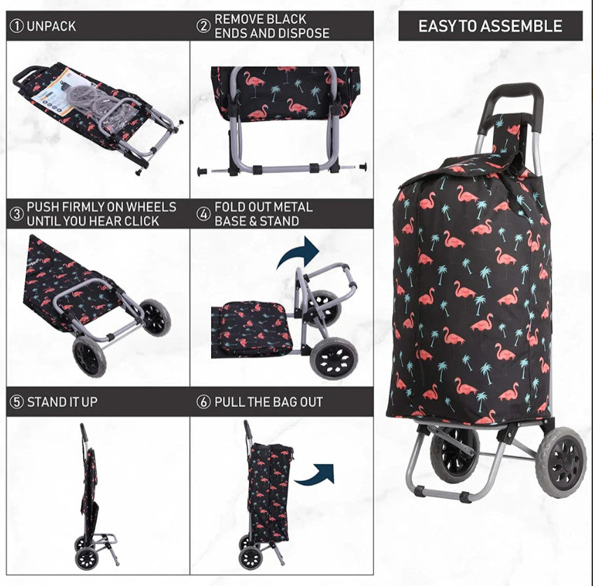 the image shows the hoppa 47 with the 6 assembly instructions; unpack, remove black ends, push wheels until click, fold out metal base stand, stand it up, pull the bag out.