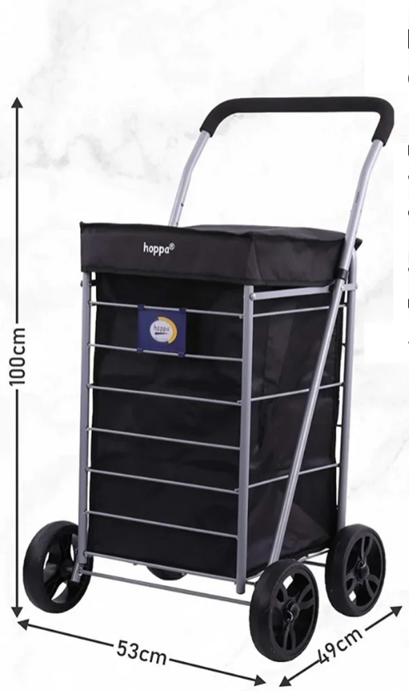 A diagram showing the measurements on the Extra Large Hoppa Shopping Trolley