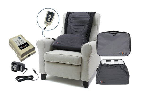 The Sit N Stand on a grey armchair, with close up images of the remote control, battery, charger, carry bag, and cover