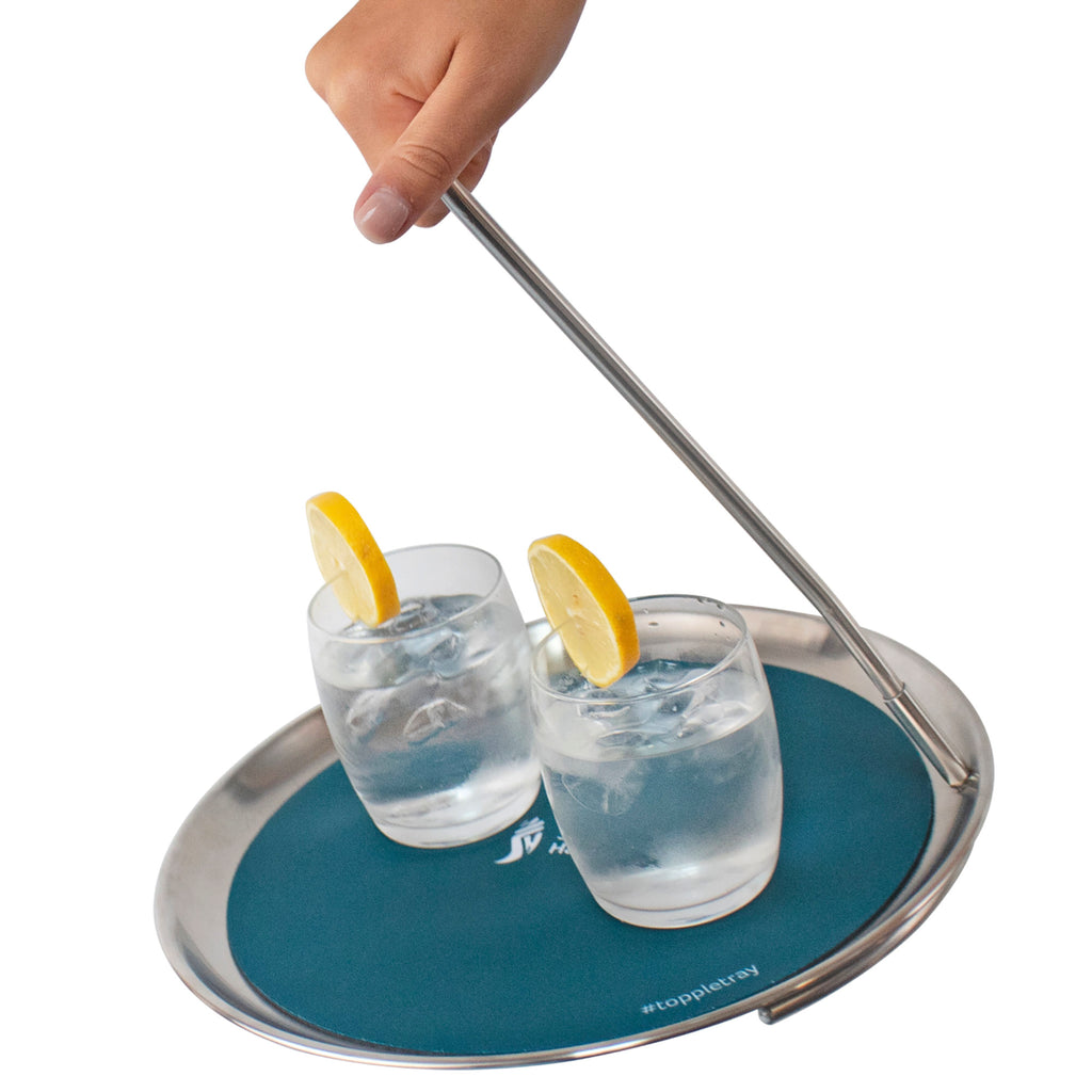 Single handed topple tray with two glasses