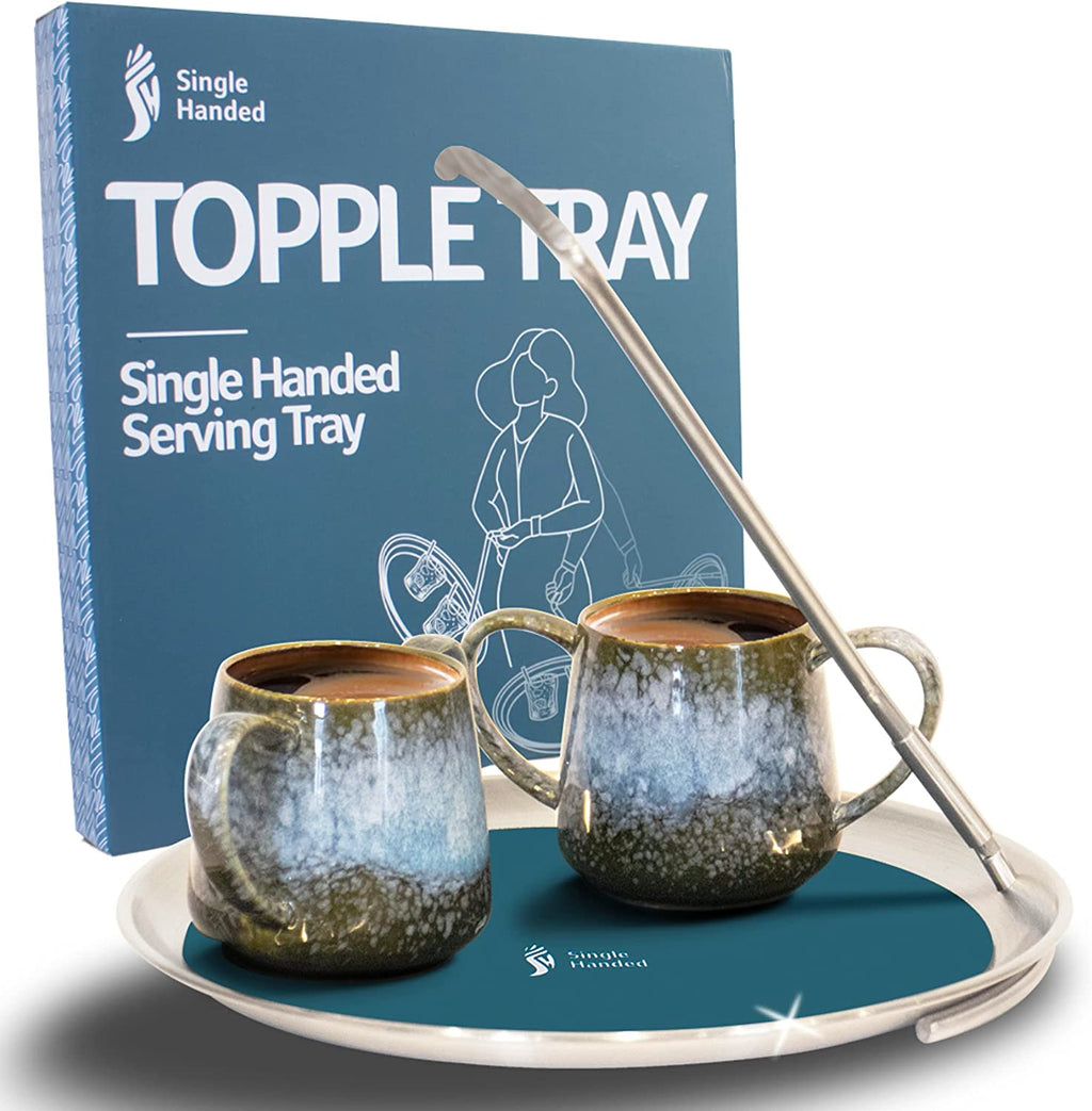 A Topple Tray with two dual handled mugs on it, next to the Topple Tray box
