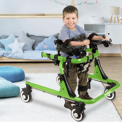 A happy child using the green Moxie Gait Trainer