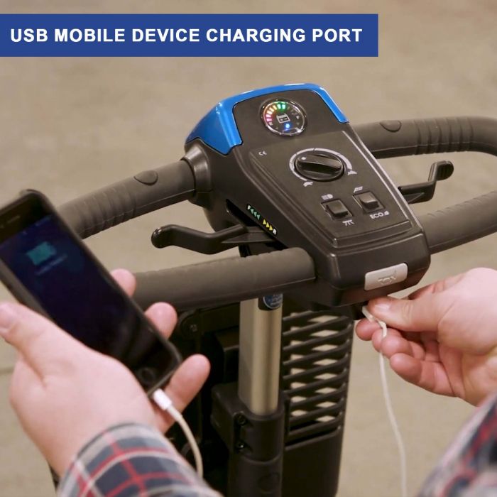 Pride Revo 2.0 Mobility Scooter - USB mobile device charging port in use