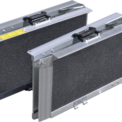 the image shows the folding suitcase ramp folded up with the carry handles