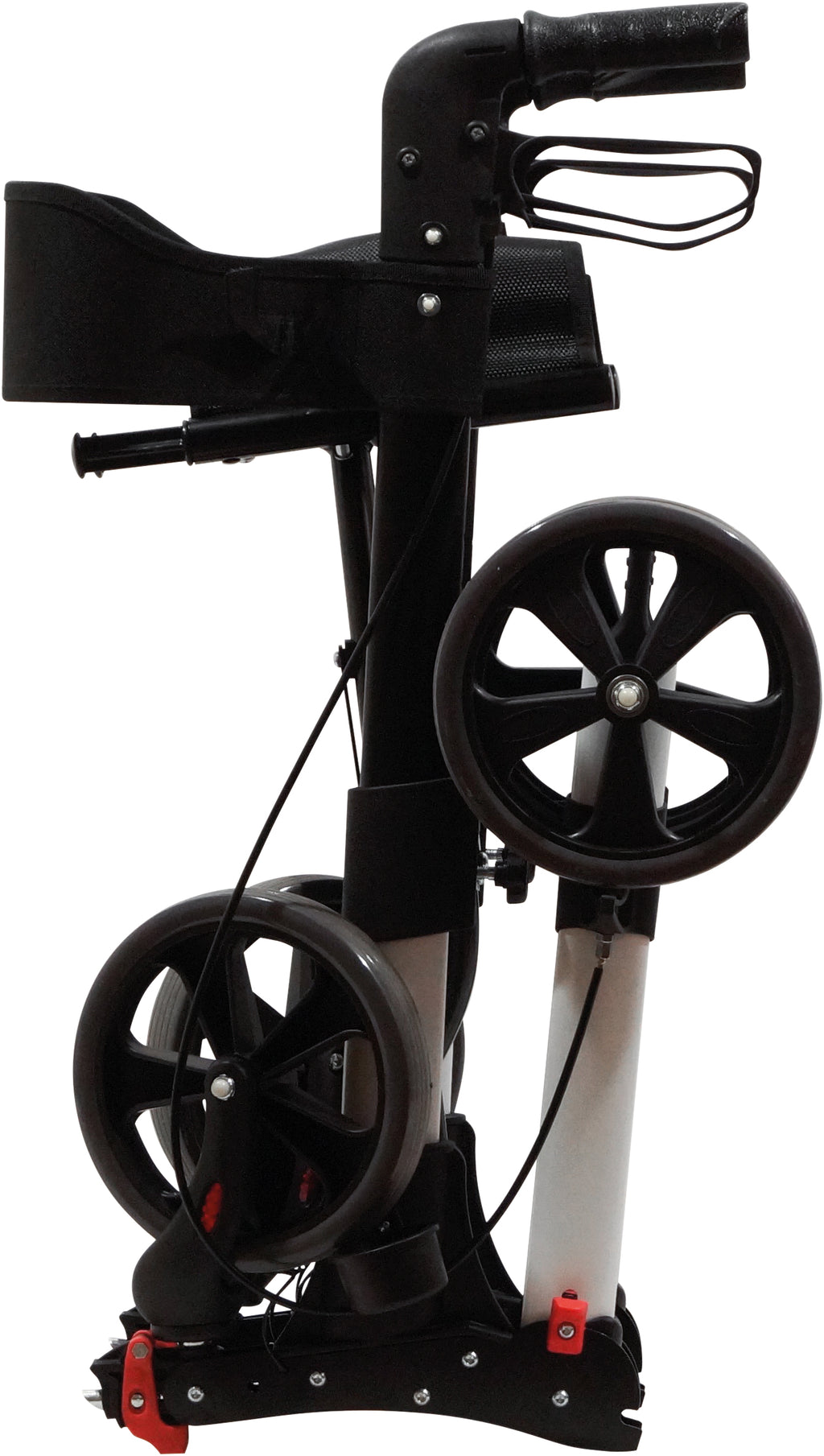 A side view of a White Deluxe Fold Flat Rollator
