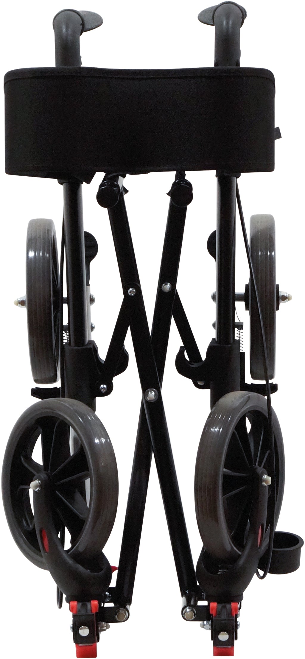 A folded up Deluxe Fold Flat Rollator