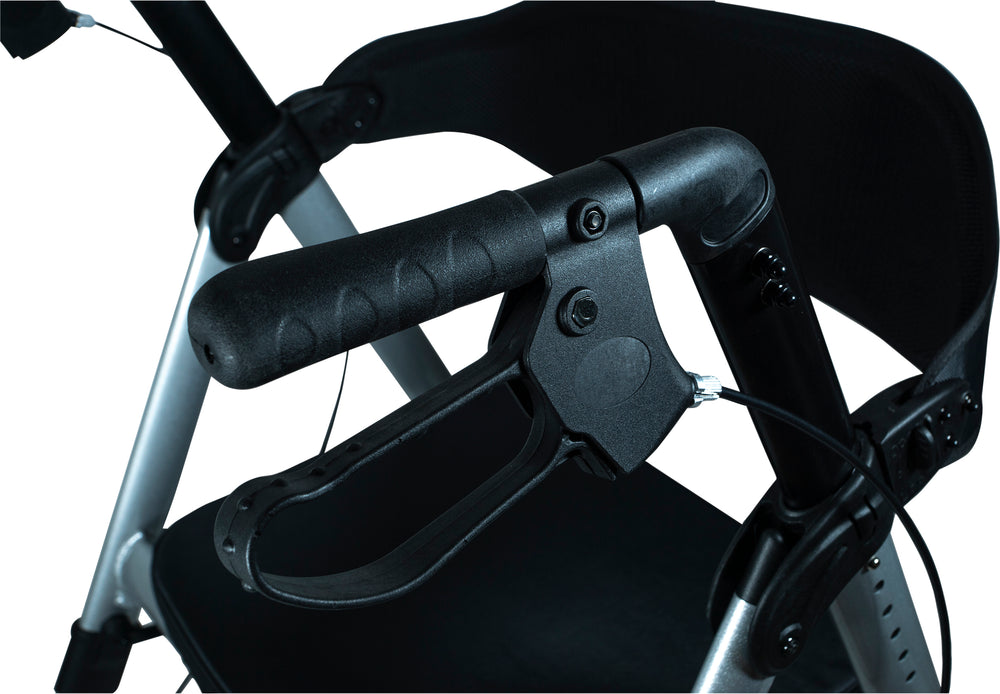 a close up of a handle and brake on the deluxe bariatric rollator/walker