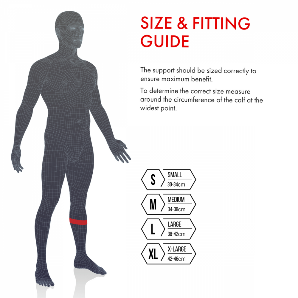shows the fitting guide for the Vulkan Classic Shin & Calf Support
