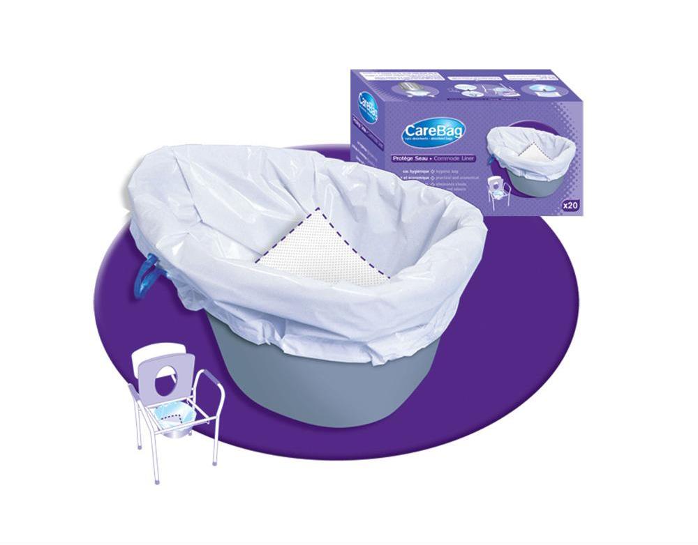 a Care Bag Commode Liner inside a commode pan and the box of 20 liners