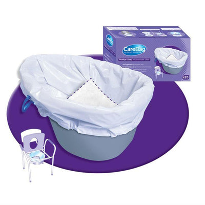 a Care Bag Commode Liner inside a commode pan and the box of 20 liners