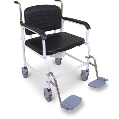 the image shows the bariatric mobile commode with footrests