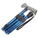 shows a folded up blue folding walking stick with gel grip handle and folding stick clip