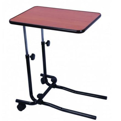 shows the overbed/chair wheeled table with two wheels