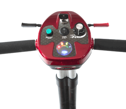 the image shows a close up of the steering section of the dual wheel auto fold scooter
