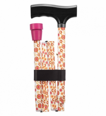 shows the retro pattern folding adjustable walking stick in the circle design when fully folded