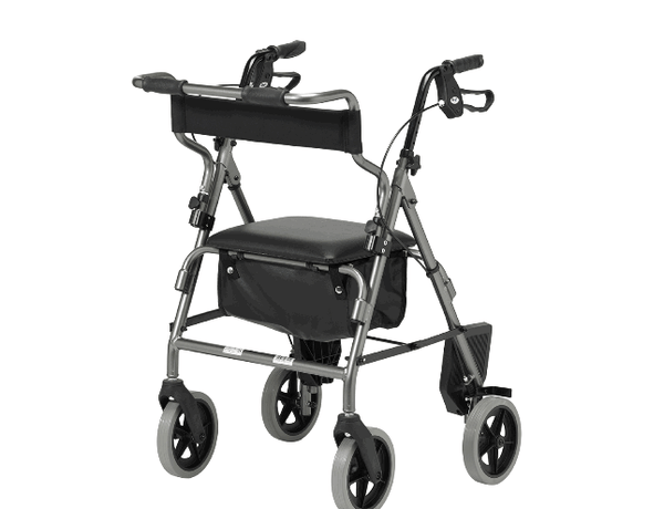 The silver coloured Rollator/Walker and Transit Chair Combination