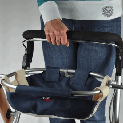 A close up of the basket on the Let's Go Indoor Rollator/Walker Trolley