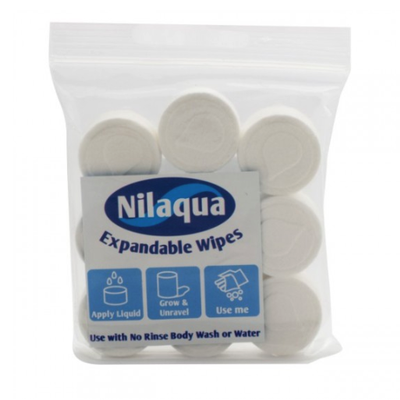 The image shows a pack of nine Waterless Nilaqua Expandable Wipes