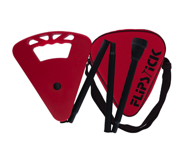 shows the flipstick foldaway seat and walking stick when folded alongside its matching red carry bag