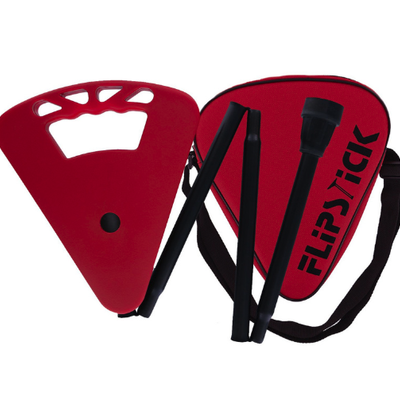 shows the flipstick foldaway seat and walking stick when folded alongside its matching red carry bag