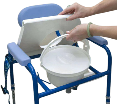 shows someone removing the potty on the nuvo children's height adjustable commode