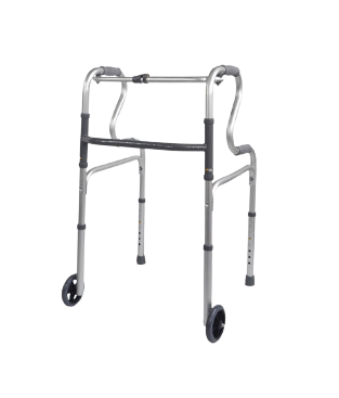 A sideways view of the Dual Riser Delux Folding Walking Frame