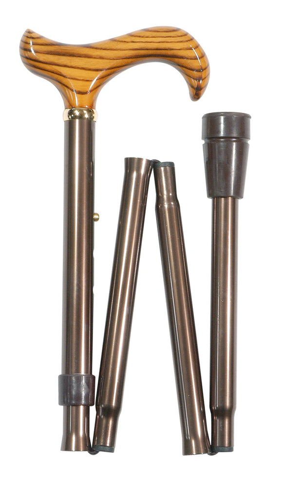 the image shows a folded up classic canes coffee brown folding derby cane