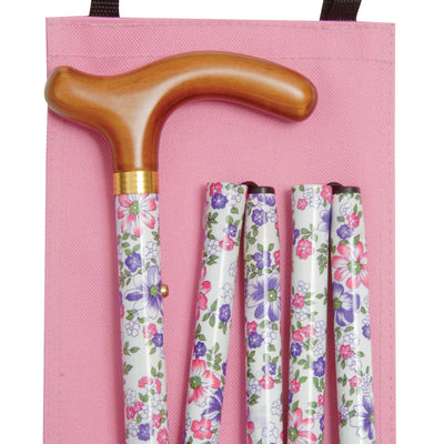 shows the Classic Canes Floral Folding Handbag Cane and pink walking stick storage bag with handles